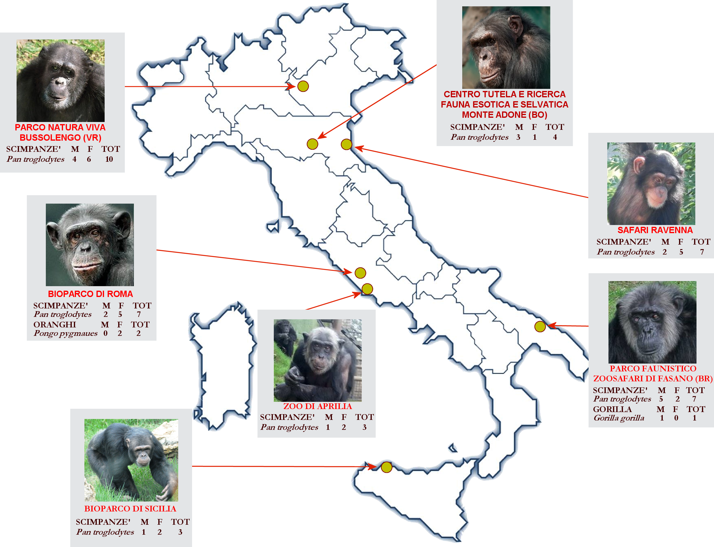 Mappa Italia Bioparchi Grandi Scimmie